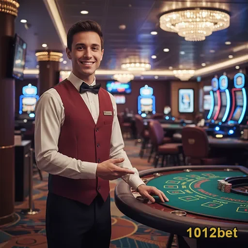 Croupier sorridente na mesa de apostas do 1012bet.