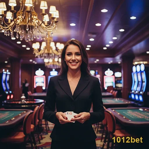 Croupier segurando cartas em cassino da 1012bet.