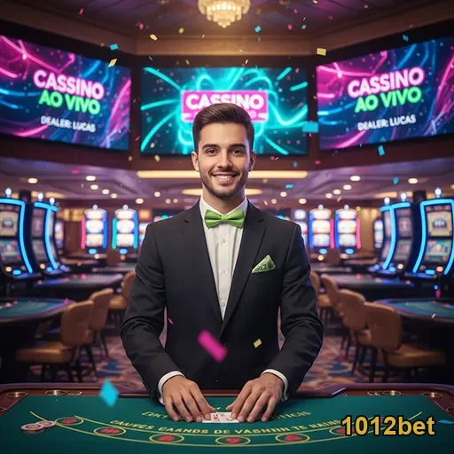Croupier em cassino ao vivo na 1012bet, em ambiente luxuoso.