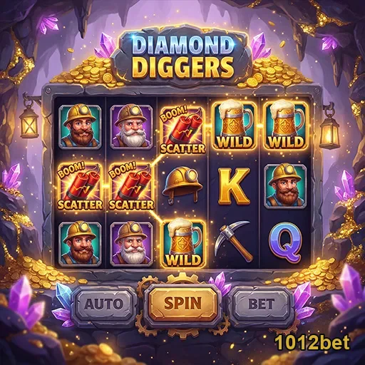 Tela do jogo Diamond Diggers da 1012bet com símbolos e recursos.
