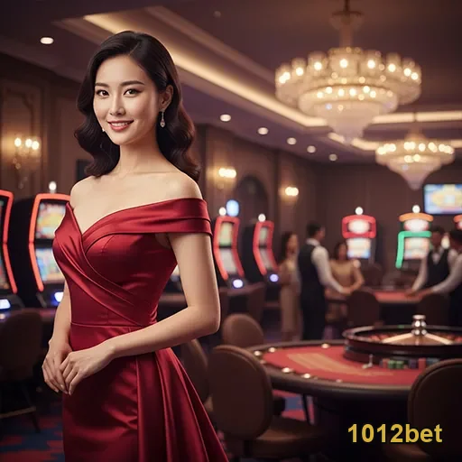 Jogadora em cassino elegante na 1012bet, com mesas e caça-níqueis ao fundo.