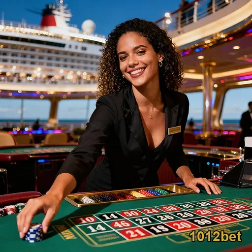 Funcionária da 1012bet atende jogador em ambiente de cassino.