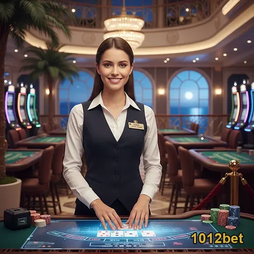 Dealer em jogo ao vivo no site 1012bet com mesa de cartas.